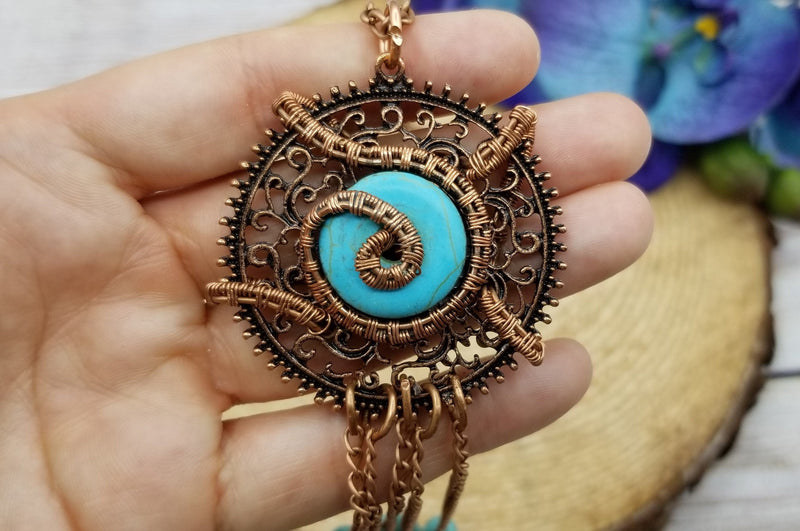 Handmade Spelled Turquoise, Copper Wire Wrapped Pendant Necklace *Elevate Your Energy* Jewelry for Healing Protection