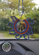 Handmade Tree of Life Dreamcatcher Macramé Pendant Necklace, Blue & Orange Wire Wrapped Handmade Rear View Mirror Mandala Car Charm Brass