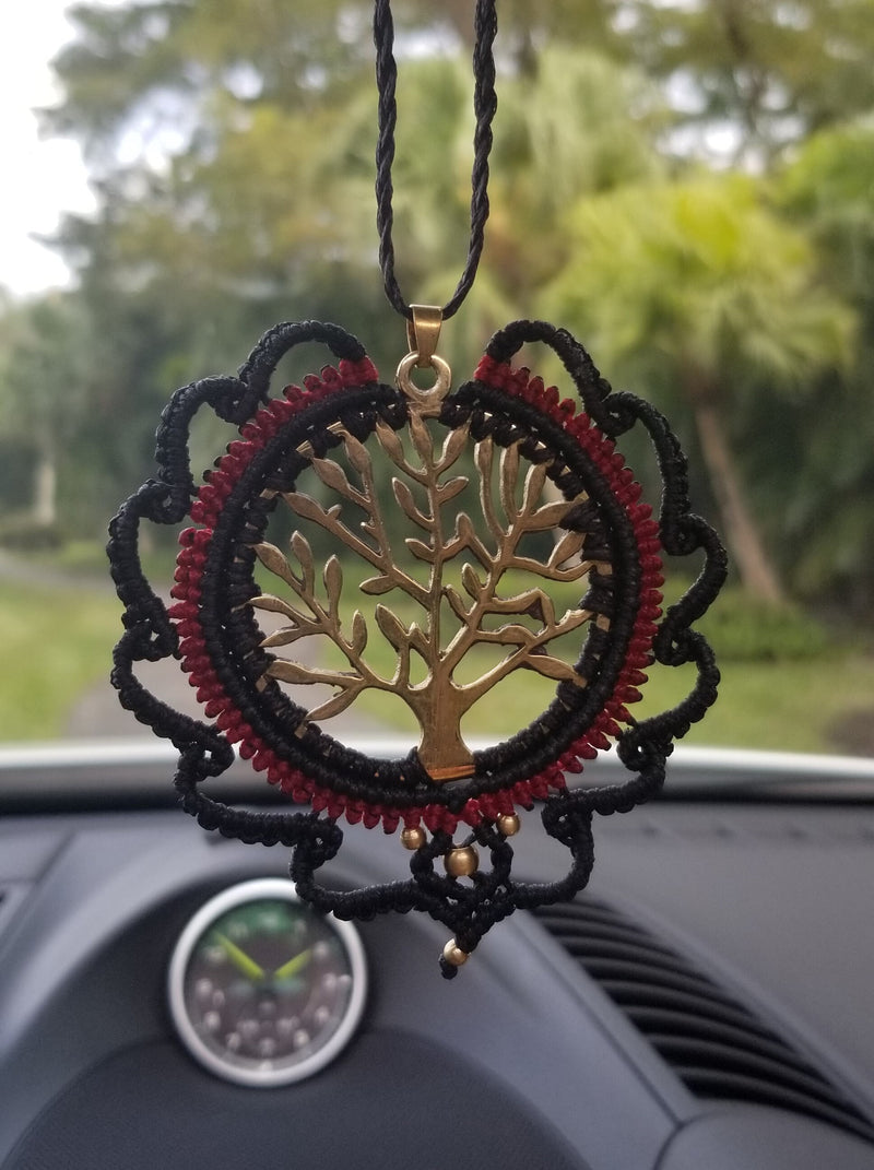 Handmade Tree of Life, Black and Red, Rear View Mirror, Mandala Car Charm, Brass Pendant Necklace