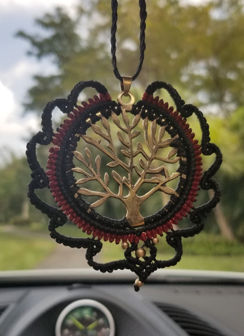 Handmade Tree of Life, Black and Red, Rear View Mirror, Mandala Car Charm, Brass Pendant Necklace