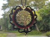 Handmade Tree of Life, Black and Red, Rear View Mirror, Mandala Car Charm, Brass Pendant Necklace