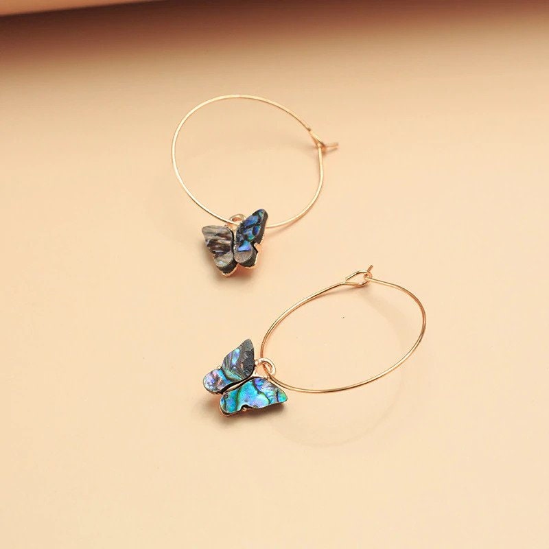 Spelled Abalone Shell Mother of Pearl Butterfly Earrings w GIFT BOX 18k Gold Oval Hoop Crystal Birthday Christmas Anniversary Wedding