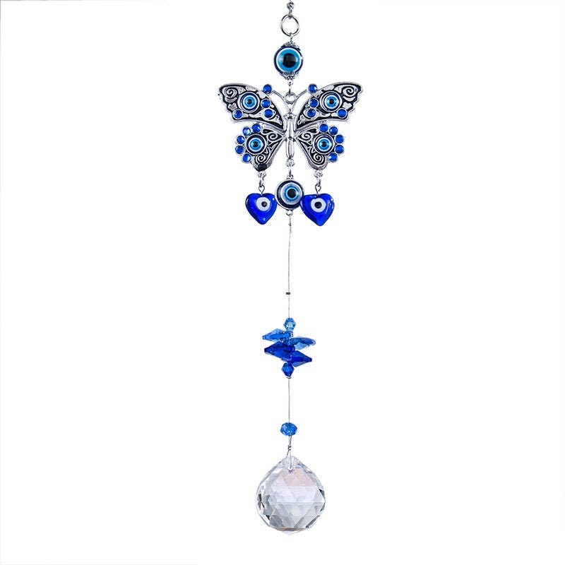 Evil Eye Blue Butterfly Suncatcher Crystal Sun Catcher Prism Ball Rainbow Maker Wind Chime Window Decoration Home Nursery Decor Gift For Her