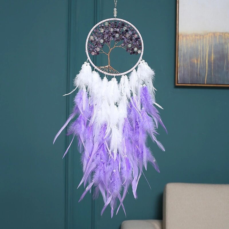 Tree of Life Lavender Feather Dreamcatcher Copper Beaded Dream Catcher Unique Wall Decoration Large Purple Nursery Zen Moher's Day Gift