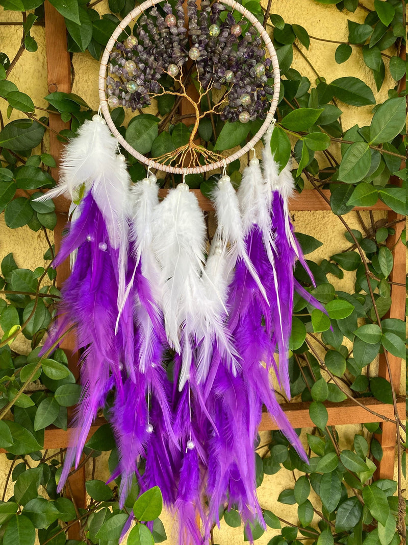 Copper Tree of Life Dark Purple Feather Dreamcatcher Beaded Dream Catcher Unique Wall Decoration Large Nursery Zen Decor Christmas Gift