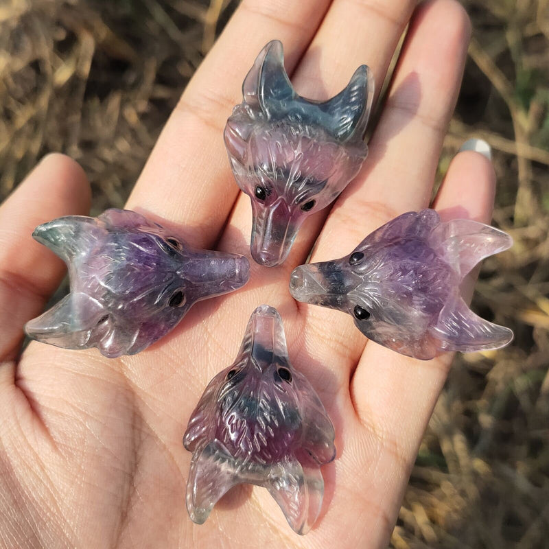 A+ Natural Rainbow Fluorite Quartz Carved Crystal Wolf Wolves Altar Alter Tile Birthday Anniversary Girlfriend Friend Unique Gift Bag Box