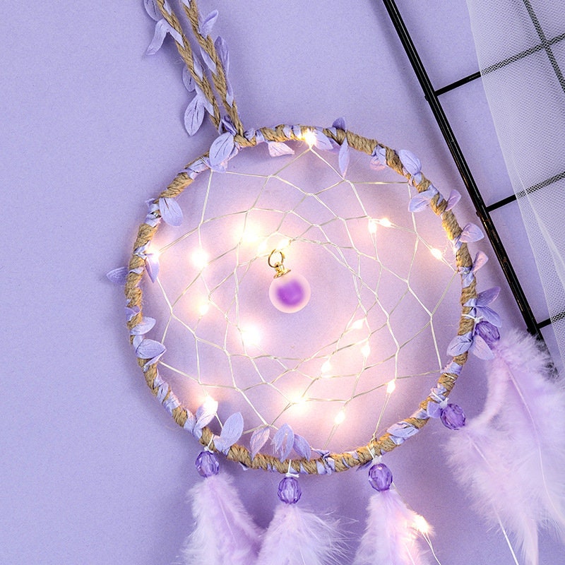 Lavender Dream Catcher Purple Dreamcatcher w Fairy Lights Beaded Feather Ribbon Unique Wall Art Decoration Girl Nursery Zen Boho Decor