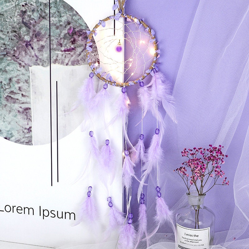 Lavender Dream Catcher Purple Dreamcatcher w Fairy Lights Beaded Feather Ribbon Unique Wall Art Decoration Girl Nursery Zen Boho Decor