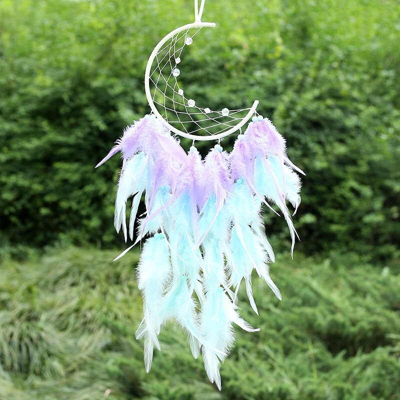 Purple Mint Crescent Moon Dream Catcher Teal Feather Dreamcatcher Beaded Unique Wall Art Decoration Girl Boy Nursery Zen Boho Hippie Chic