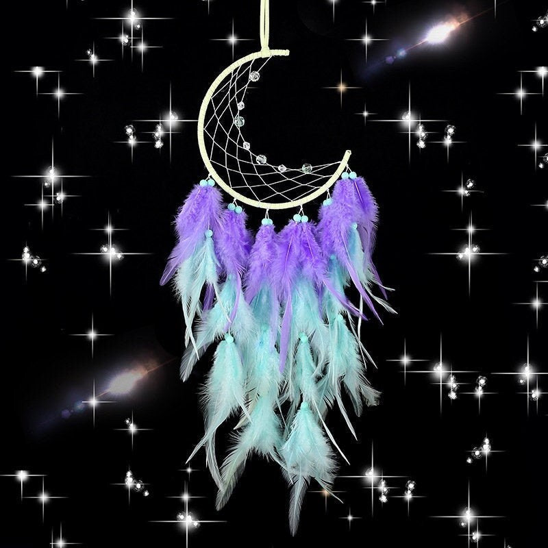 Purple Mint Crescent Moon Dream Catcher Teal Feather Dreamcatcher Beaded Unique Wall Art Decoration Girl Boy Nursery Zen Boho Hippie Chic