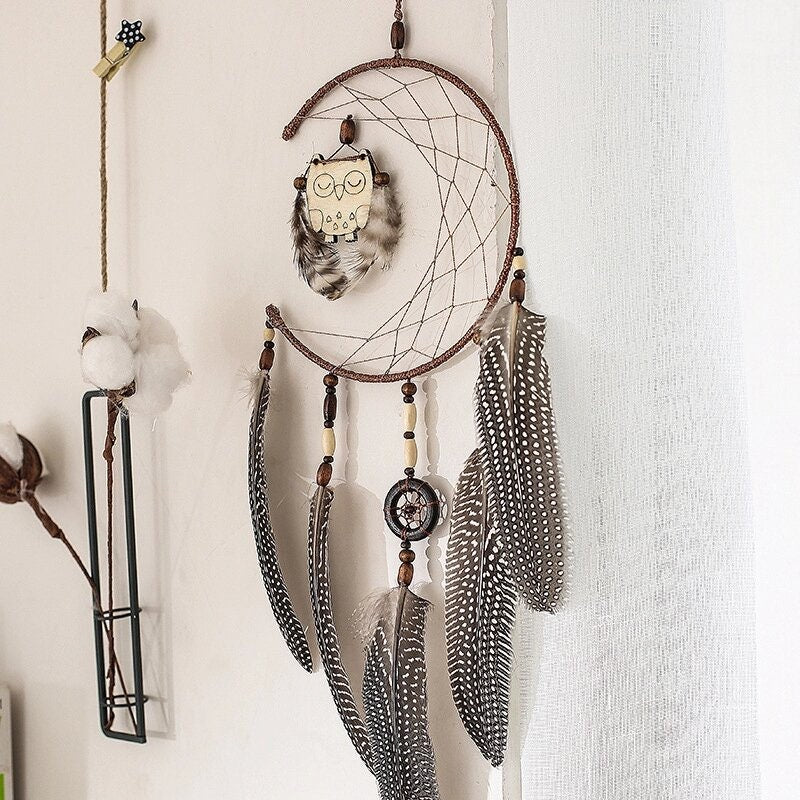 Nordic Rustic Owl Dreamcatcher Crescent Moon Unique Wall Art Spirit Animal Unisex Boys Girls Room Decor Brown Spotted Guinea Fowl Feathers