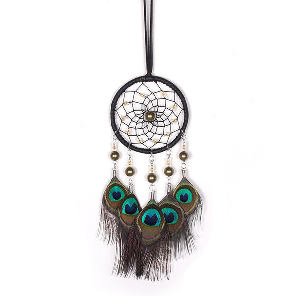 Peacock Feather Dream Catcher, Gold Beads Handmade Dreamcatcher Home Wall Decor, Car Charm Unisex Boy Girl Nursery