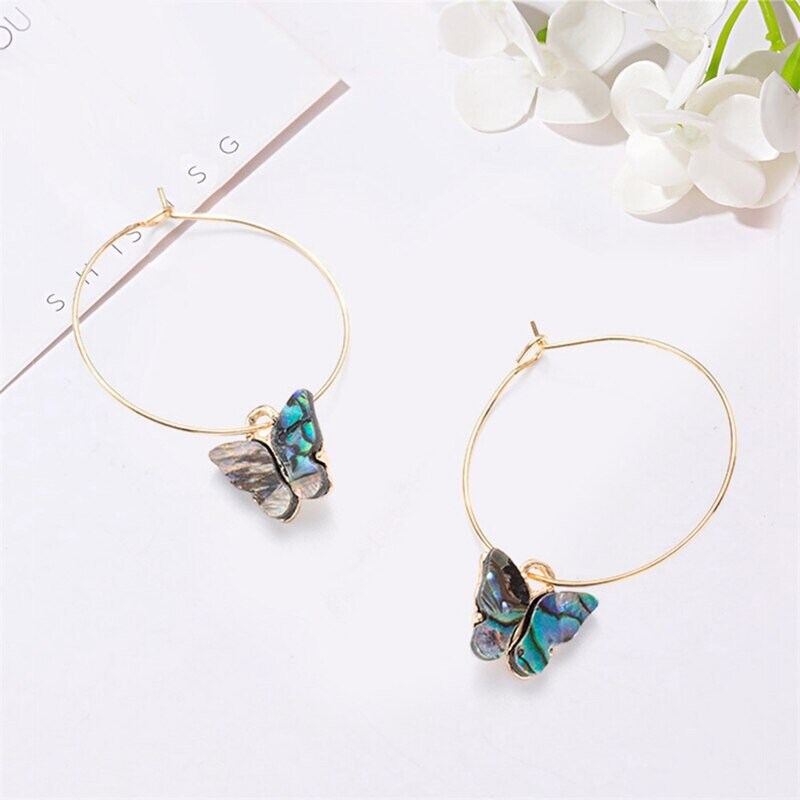 Spelled Abalone Shell Mother of Pearl Butterfly Earrings w GIFT BOX 18k Gold Oval Hoop Crystal Birthday Christmas Anniversary Wedding