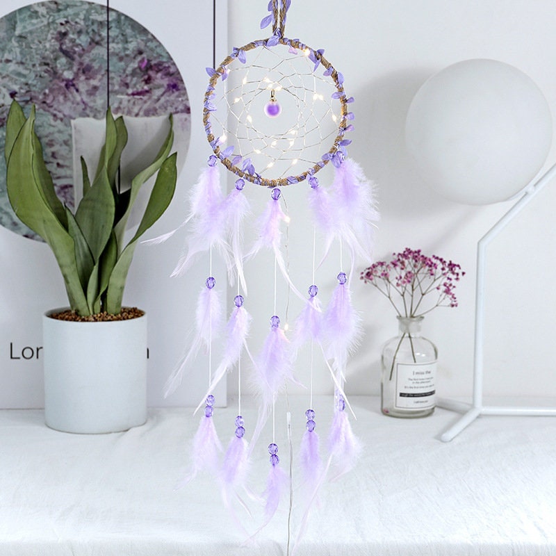 Lavender Dream Catcher Purple Dreamcatcher w Fairy Lights Beaded Feather Ribbon Unique Wall Art Decoration Girl Nursery Zen Boho Decor