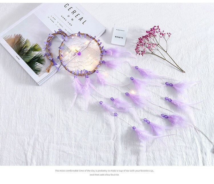 Lavender Dream Catcher Purple Dreamcatcher w Fairy Lights Beaded Feather Ribbon Unique Wall Art Decoration Girl Nursery Zen Boho Decor