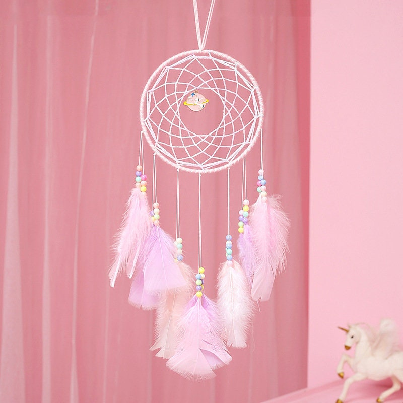 Pale Pink Dream Catcher Unicorn Dreamcatcher Planet Charm Beaded Feather Unique Wall Art Decoration Girl Nursery Kids Room Decor