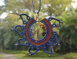 Handmade Tree of Life Dreamcatcher Macramé Pendant Necklace, Blue & Orange Wire Wrapped Handmade Rear View Mirror Mandala Car Charm Brass