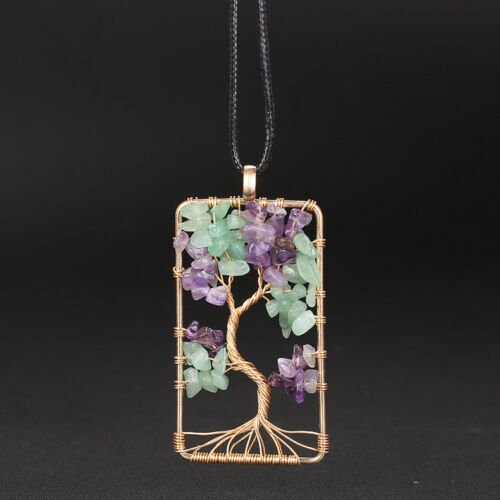 Spelled Wire Wrapped Tree of Life Pendant Necklace Amethyst Aventurine Crystal Silver Gold Handmade Rear View Mirror Car Charm Healing Gift