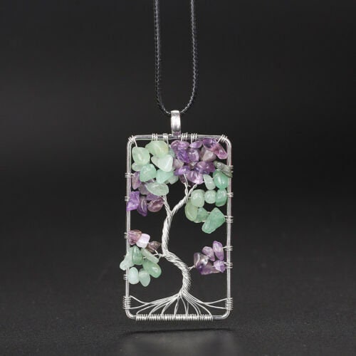 Spelled Wire Wrapped Tree of Life Pendant Necklace Amethyst Aventurine Crystal Silver Gold Handmade Rear View Mirror Car Charm Healing Gift