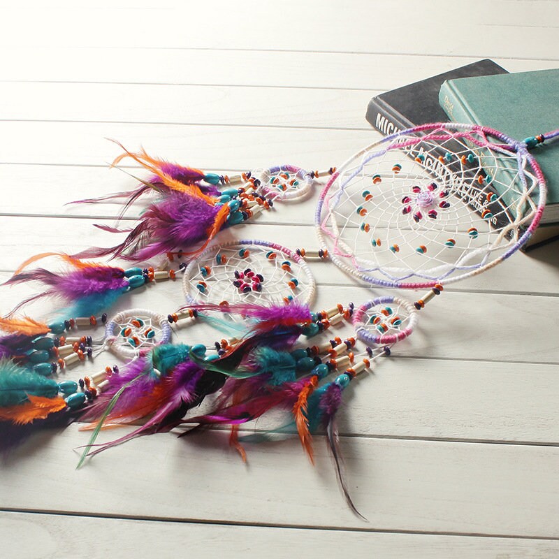 Rainbow Native American Feather Dreamcatcher Flower Rose Unique Wall Large Dream Catcher Art Girl Boy Nursery Zen Boho Decor Wood Beads