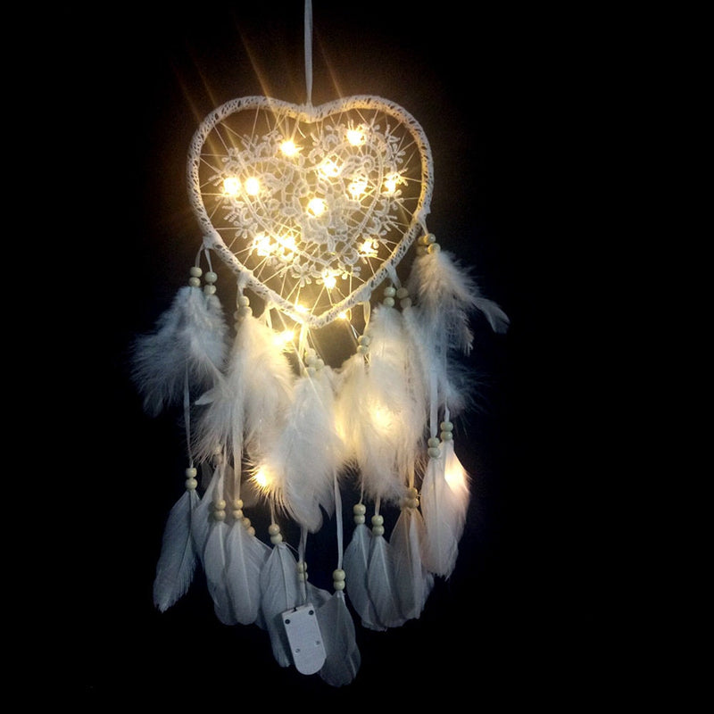 Lace Heart Dream Catcher Dreamcatcher with LED Lights White Feather Beaded Unique Wall Art Decoration Nursery Boho Decor Valentines Day Gift