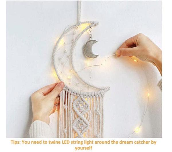 LED Crescent Owl Cotton Macrame Moon Dreamcatcher (UNASSEMBLED Led Fairy Lights) Animal Wall Decoration Unisex Nursery Girl Boy Hanging