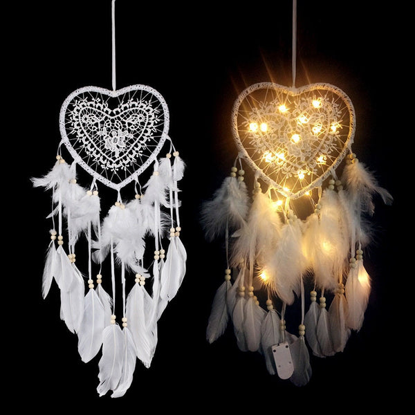 Lace Heart Dream Catcher Dreamcatcher with LED Lights White Feather Beaded Unique Wall Art Decoration Nursery Boho Decor Valentines Day Gift