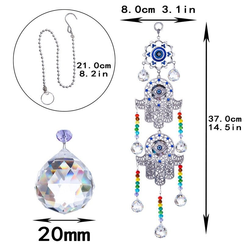 Large Evil Eye Blue Hamsa Chakra Crystal Suncatcher Prism Ball Wall Hanging Rainbow Maker Window Nursery Bridesmaid Gift