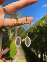 Spelled Druzy Gold Hoop Earrings w GIFT BAG Drusy Crystal Quartz Unique Statement Jewelry, Gold Purple Green Multi-Color Black Silver