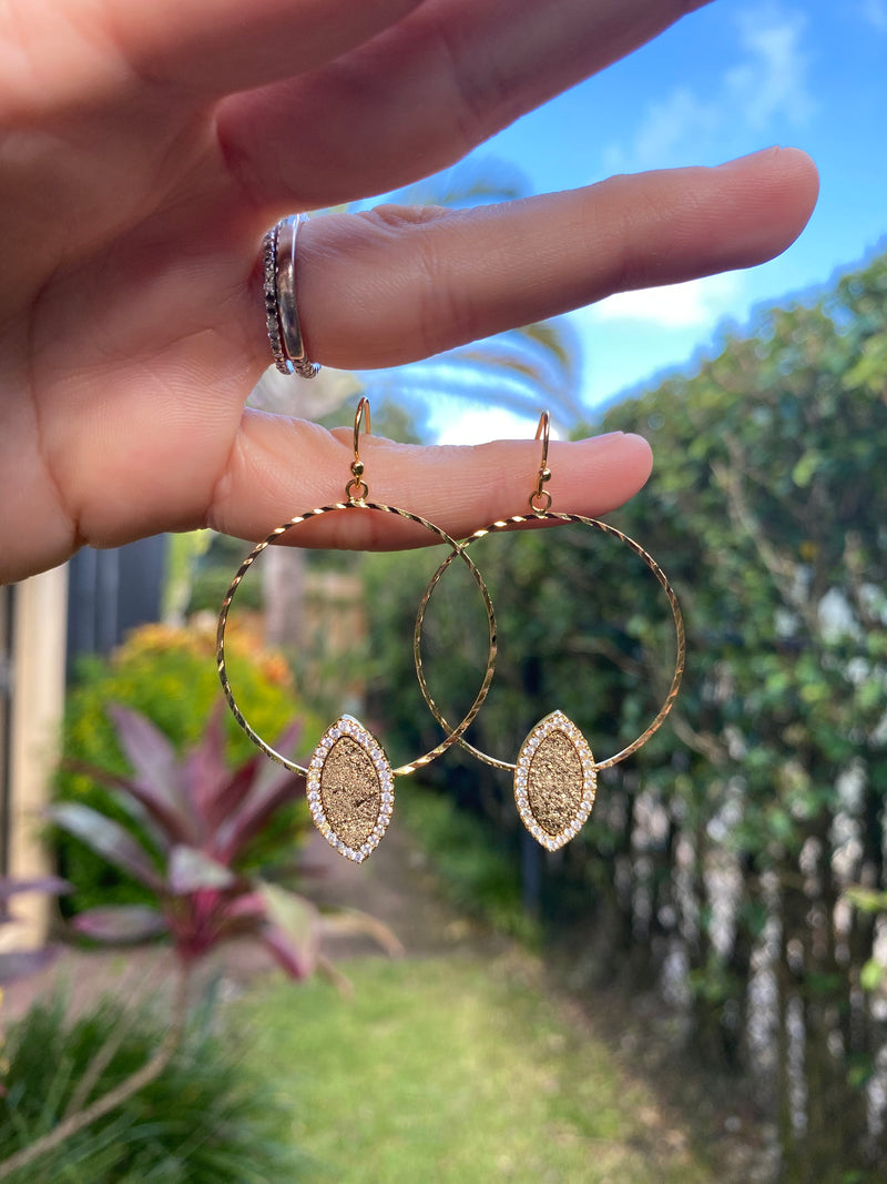 Spelled Druzy Gold Hoop Earrings w GIFT BAG Drusy Crystal Quartz Unique Statement Jewelry, Gold Purple Green Multi-Color Black Silver