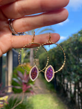 Spelled Druzy Gold Hoop Earrings w GIFT BAG Drusy Crystal Quartz Unique Statement Jewelry, Gold Purple Green Multi-Color Black Silver