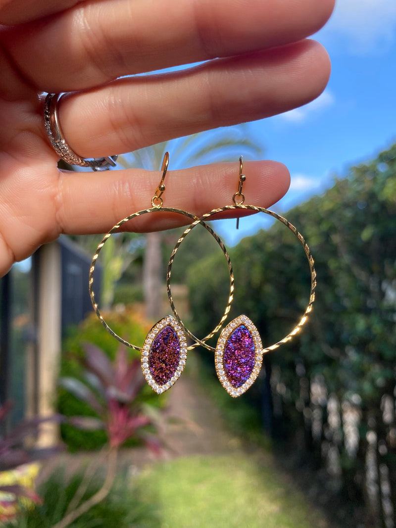Spelled Druzy Gold Hoop Earrings w GIFT BAG Drusy Crystal Quartz Unique Statement Jewelry, Gold Purple Green Multi-Color Black Silver
