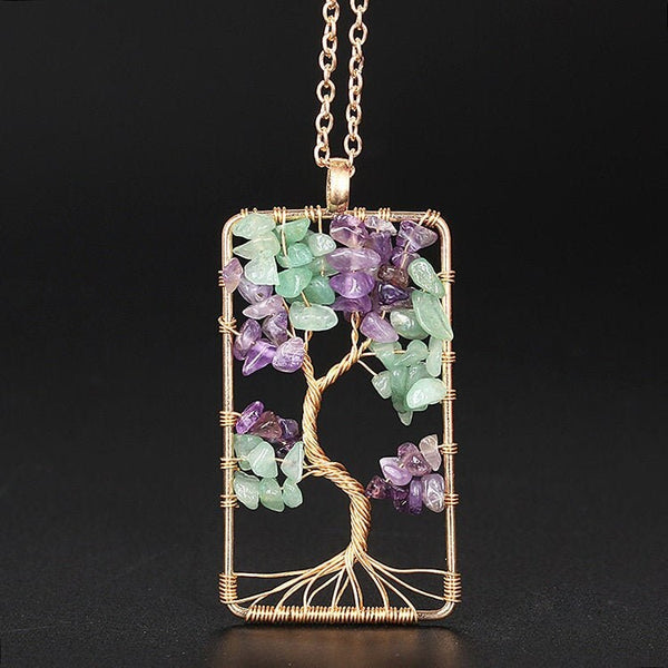 Spelled Wire Wrapped Tree of Life Pendant Necklace Amethyst Aventurine Crystal Silver Gold Handmade Rear View Mirror Car Charm Healing Gift