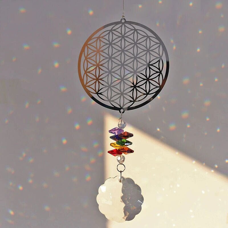 Flower of Life Mandala Suncatcher Christmas Gift Sacred Geometry Crystal Rear View Mirror Car Hanging Decor Rainbow Maker Bridesmaid Gift