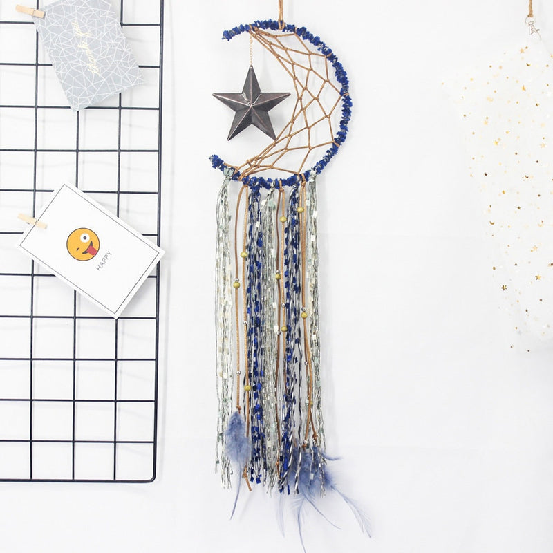 Star Crescent Half Moon Fairy Lights Blue Silver Brown Copper Beaded Dreamcatcher Unique Wall Art Decoration Nursery Hanging Boho Decor