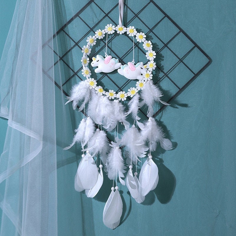 Lace Daisy Unicorn Dream Catcher Feather Dreamcatcher Beaded White Yellow Flower Fairy Lights Unique Girl Nursery Mobile Boho Decor