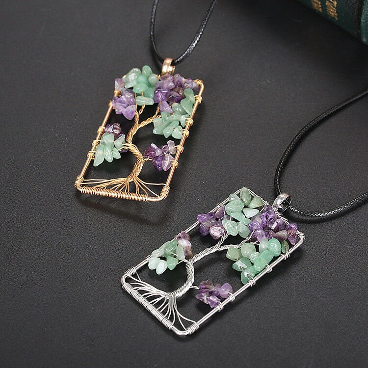 Spelled Wire Wrapped Tree of Life Pendant Necklace Amethyst Aventurine Crystal Silver Gold Handmade Rear View Mirror Car Charm Healing Gift