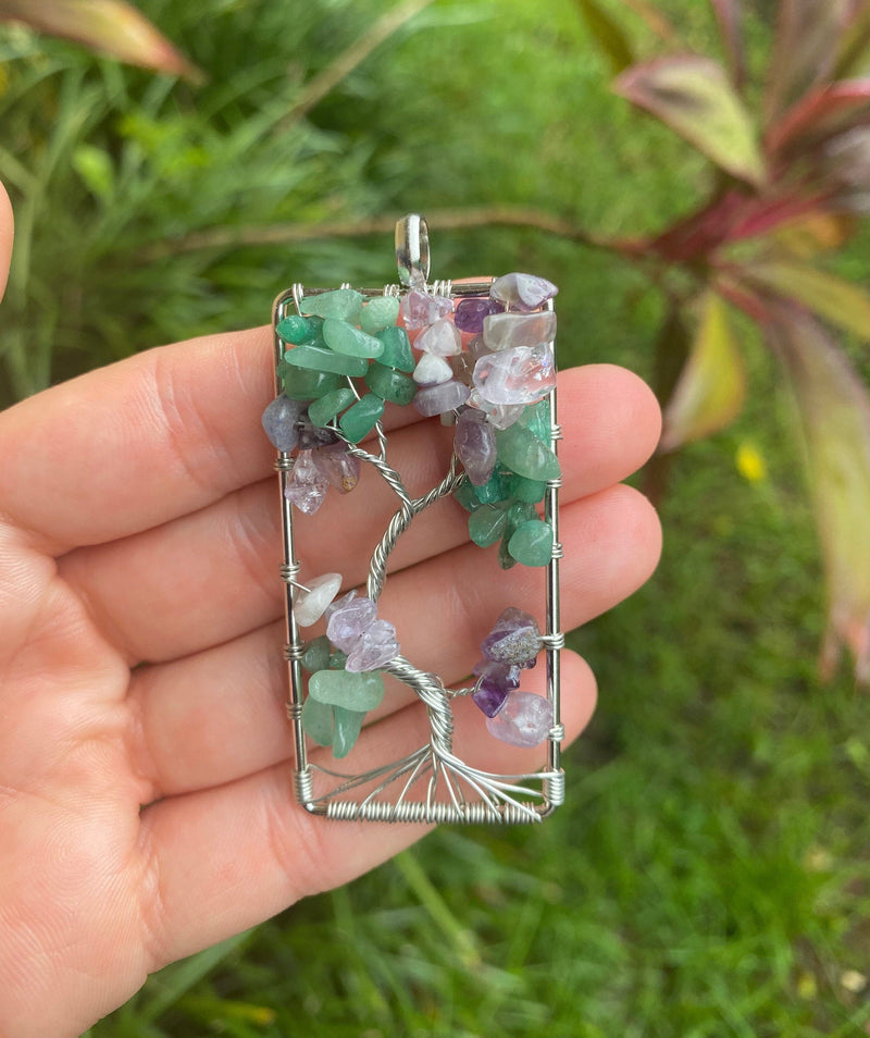 Spelled Wire Wrapped Tree of Life Pendant Necklace Amethyst Aventurine Crystal Silver Gold Handmade Rear View Mirror Car Charm Healing Gift