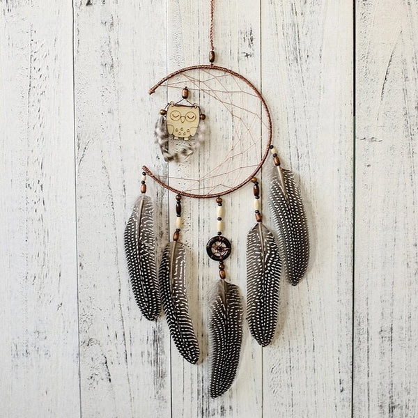 Nordic Rustic Owl Dreamcatcher Crescent Moon Unique Wall Art Spirit Animal Unisex Boys Girls Room Decor Brown Spotted Guinea Fowl Feathers