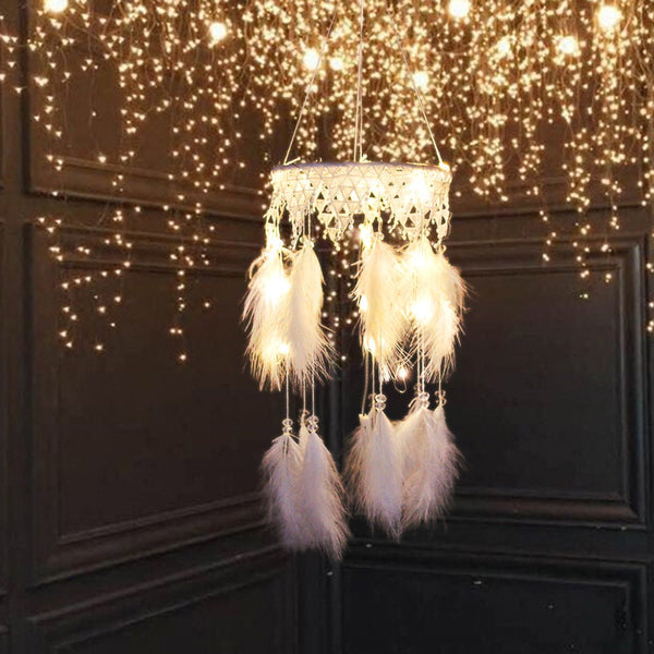 White Feather Dream Catcher Dreamcatcher Chandelier Lamp, Feathers, Beads, Fairy Lights Wall Hanging Decor, Girl Nursery Christmas Gift