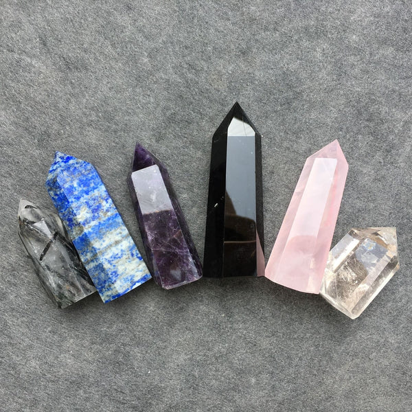 2.1-3.5" Self Standing Clear Quartz Amethyst Obsidian Rose Quartz Lapis Lazuli Black Tourmaline Obelisk Tower Points Crystal Lot 6 Crystals