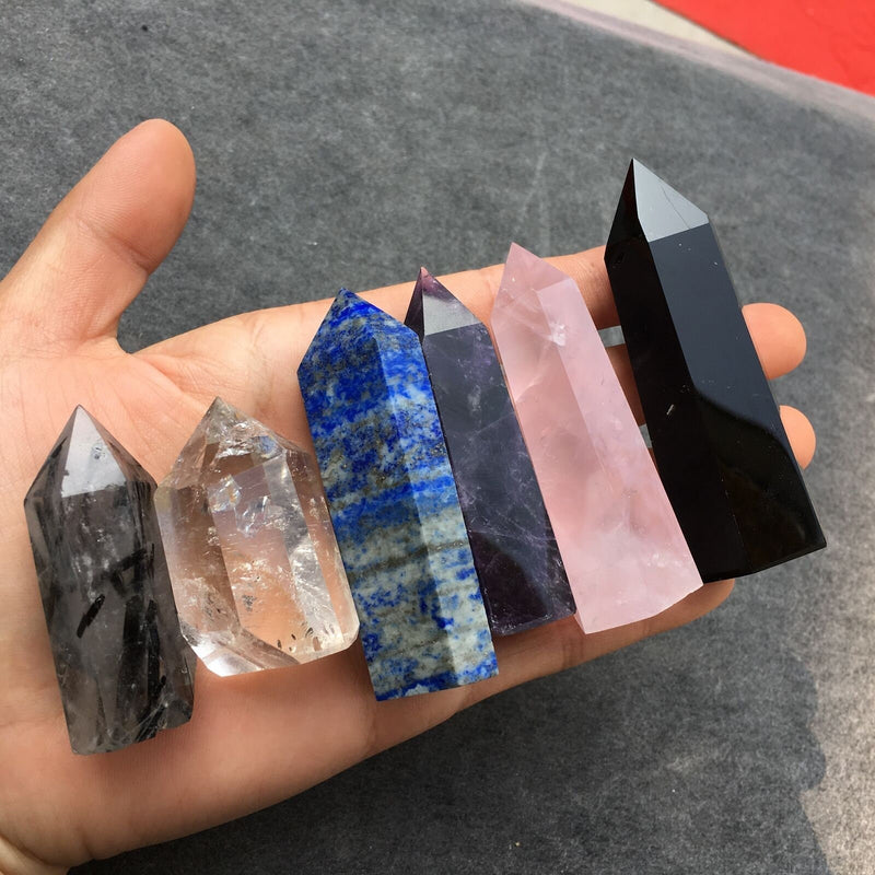 2.1-3.5" Self Standing Clear Quartz Amethyst Obsidian Rose Quartz Lapis Lazuli Black Tourmaline Obelisk Tower Points Crystal Lot 6 Crystals