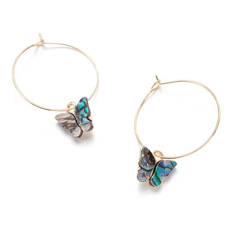 Spelled Abalone Shell Mother of Pearl Butterfly Earrings w GIFT BOX 18k Gold Oval Hoop Crystal Birthday Christmas Anniversary Wedding