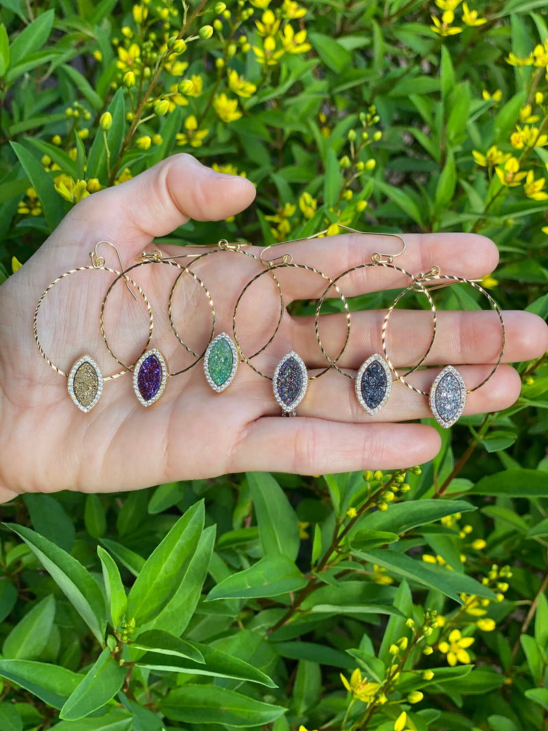Spelled Druzy Gold Hoop Earrings w GIFT BAG Drusy Crystal Quartz Unique Statement Jewelry, Gold Purple Green Multi-Color Black Silver