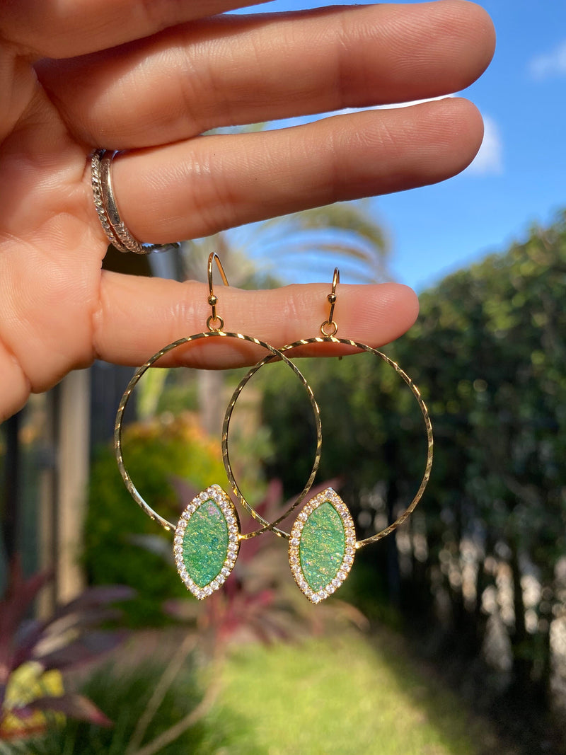 Spelled Druzy Gold Hoop Earrings w GIFT BAG Drusy Crystal Quartz Unique Statement Jewelry, Gold Purple Green Multi-Color Black Silver