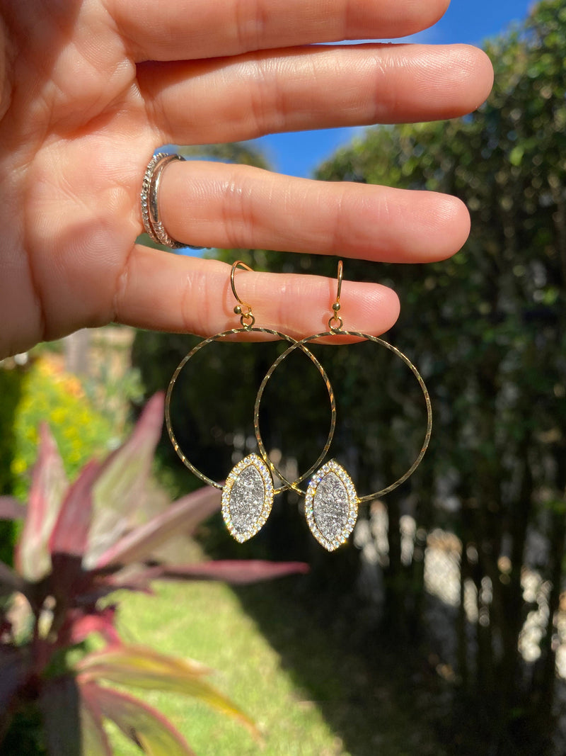 Spelled Druzy Gold Hoop Earrings w GIFT BAG Drusy Crystal Quartz Unique Statement Jewelry, Gold Purple Green Multi-Color Black Silver