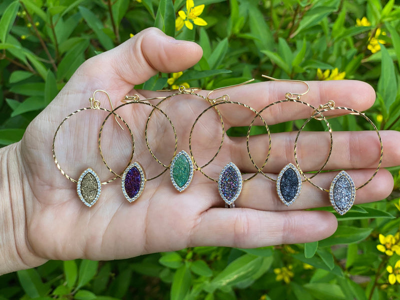 Spelled Druzy Gold Hoop Earrings w GIFT BAG Drusy Crystal Quartz Unique Statement Jewelry, Gold Purple Green Multi-Color Black Silver