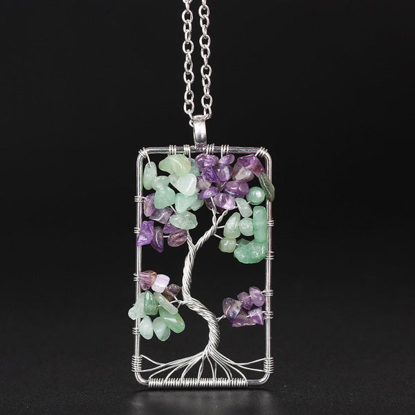Spelled Wire Wrapped Tree of Life Pendant Necklace Amethyst Aventurine Crystal Silver Gold Handmade Rear View Mirror Car Charm Healing Gift