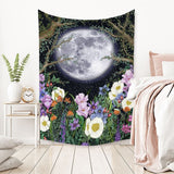 XL 60x80" Floral Full Moon Black Light Tapestry Star Astrology Night Sky Lunar Eclipse Black Light Festival Decor Large LED Lights Remote