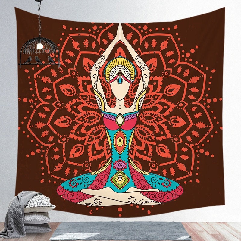 XL 60x80" Red Chakra Mandala Black Light Tapestry Wall Hanging Bedroom Large Buddhist Festival Spiritual Meditation Room LED Lights Remote